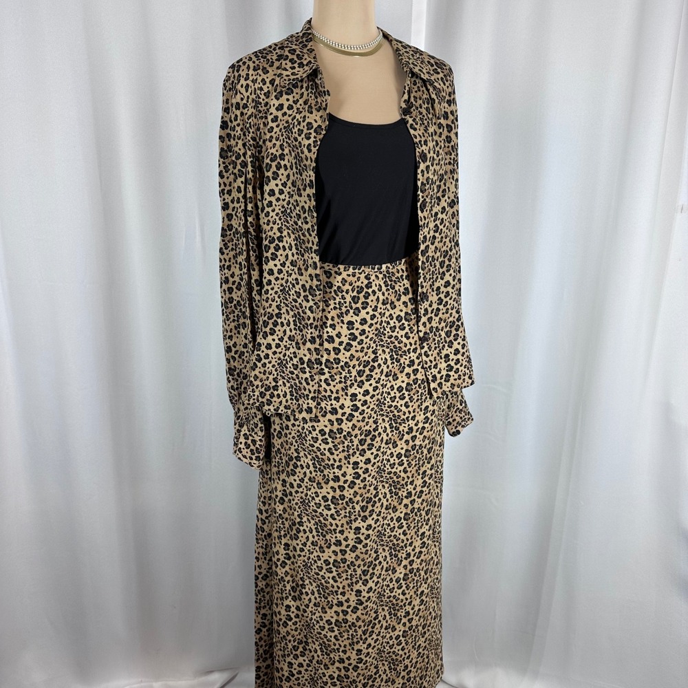 Kasper &‎ Company ASL Leopard Print Skirt Set 2pc Rayon Maxi Skirt Button Up 12
